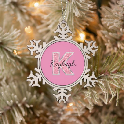 Roze Glitter letter K Tin Sneeuwvlok Ornament (Boom)