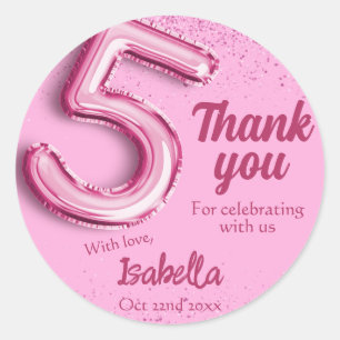 Roze glitter leuke ballon nr.5 meisjesachtige 5de  ronde sticker