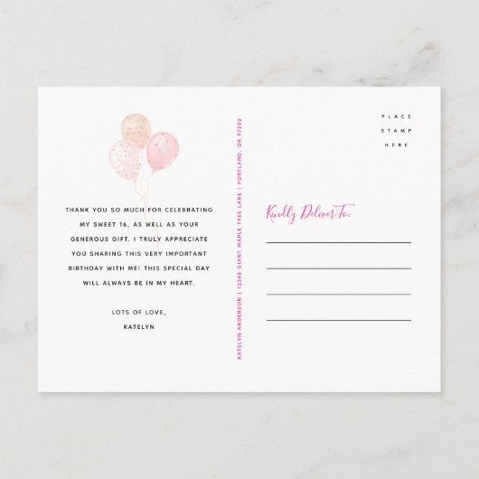 Roze Glitter Lief 16 Verjaardagsballon Dank u Briefkaart (Achterkant)