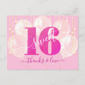 Roze Glitter Lief 16 Verjaardagsballon Dank u Briefkaart (Voorkant)