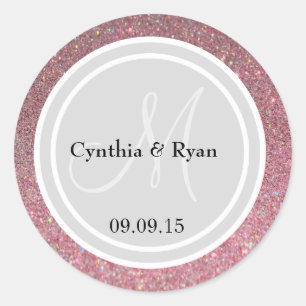 Roze glitter & Light Silver Wedding Monogram Seal Ronde Sticker