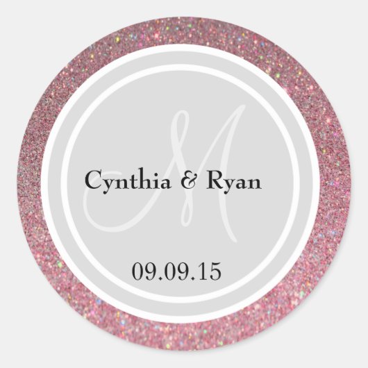 Roze glitter & Light Silver Wedding Monogram Seal Ronde Sticker (Voorkant)
