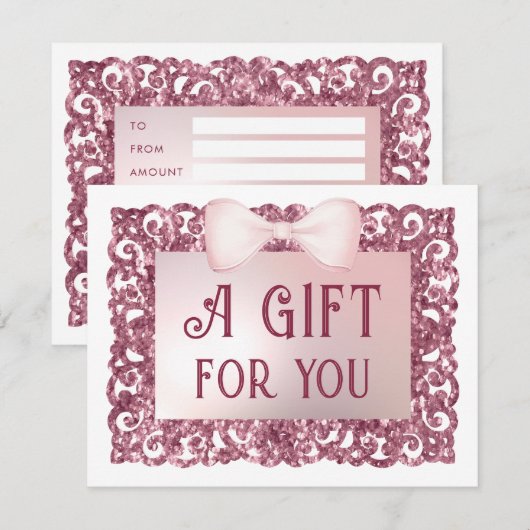 Roze glitter lijst boog cadeaubon (Voorkant / Achterkant)