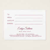 Roze glitter lijst boog cadeaubon visitekaartje (Achterkant)