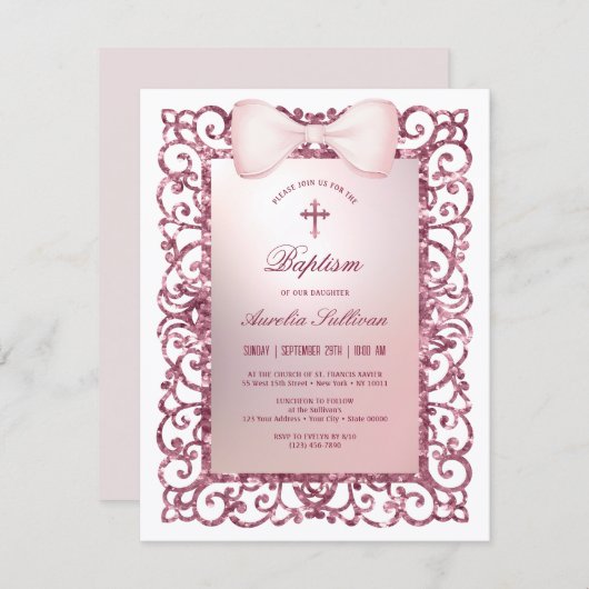 Roze Glitter Lijst Boog Doop Kaart (Voorkant / Achterkant)