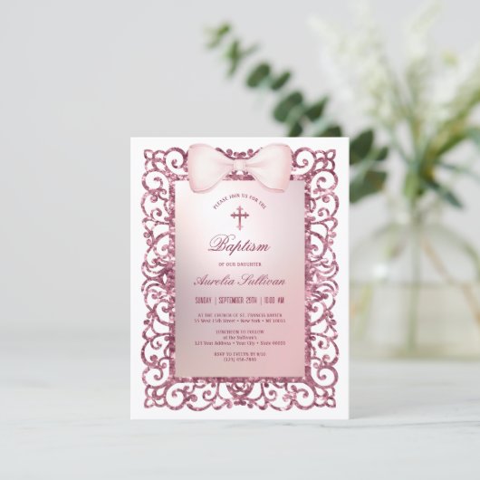 Roze Glitter Lijst Boog Doop Kaart (Staand voorkant)