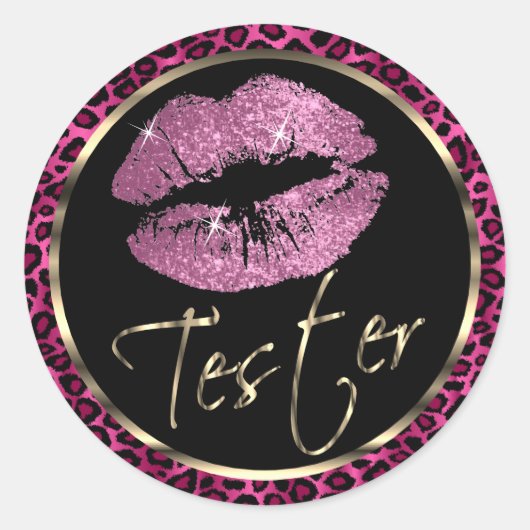 Roze Glitter Lippen op Leopard Print Ronde Sticker (Voorkant)