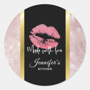 Roze Glitter Lippen & Roos Gouden bladeren Keuken Ronde Sticker