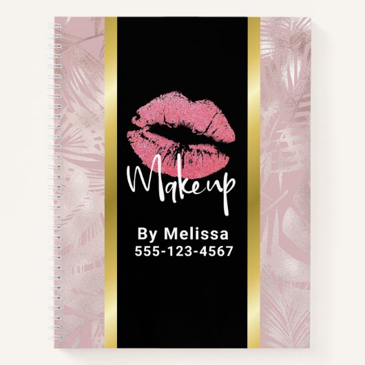 Roze Glitter Lippen & Rose Goud Bladeren Make-up Z Notitieboek (Voorkant)