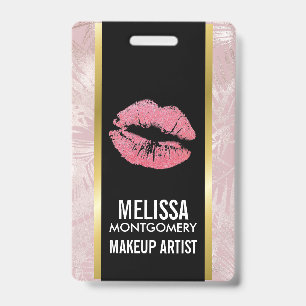Roze Glitter Lippen & Rose Goud Tropische Bladeren Badge