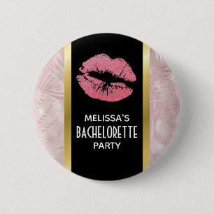 Roze Glitter Lippen & Rose Goud Tropische Bladeren Ronde Button 5,7 Cm