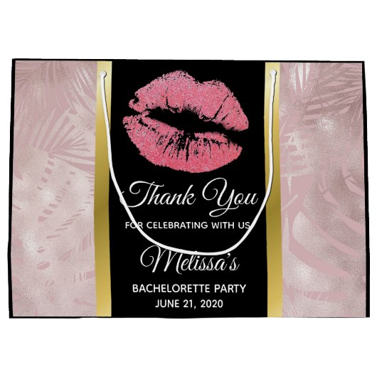 Roze Glitter Lippen & Roze Gouden Tropische Blader Groot Cadeauzakje (Achterkant)
