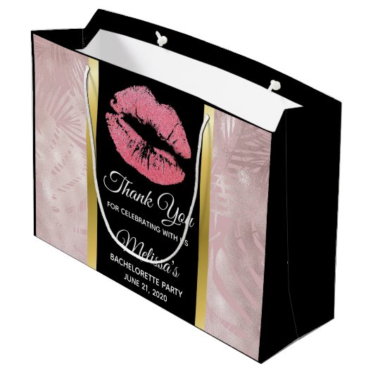 Roze Glitter Lippen & Roze Gouden Tropische Blader Groot Cadeauzakje (Achterkant Gekanteld)