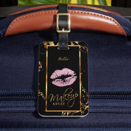 Roze glitter lips op marble Gold - Makeup Artist Bagagelabel (Voorkant Insitu 2)