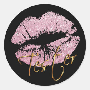 Roze glitter Lips op zwart - Tester Ronde Sticker