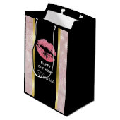 Roze glitter Lips & Roos Gold Leaves, Birthday Medium Cadeauzakje (Achterkant Gekanteld)