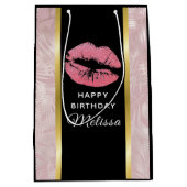 Roze glitter Lips & Roos Gold Leaves, Birthday Medium Cadeauzakje (Voorkant)