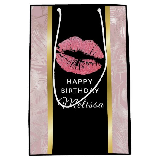Roze glitter Lips & Roos Gold Leaves, Birthday Medium Cadeauzakje (Voorkant)
