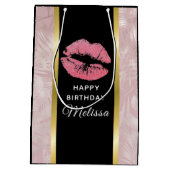 Roze glitter Lips & Roos Gold Leaves, Birthday Medium Cadeauzakje (Achterkant)