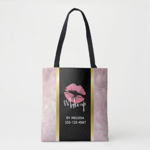 Roze glitter Lips & Roos Gold Leaves Makeup Biz Tote Bag
