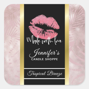 Roze Glitter Lips & Roos Gouden Bladeren Kaars Vierkante Sticker