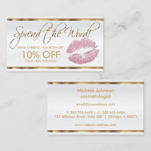 Roze Glitter Lipstick Business Reference Aanbevelingskaartje (Voorkant / Achterkant)