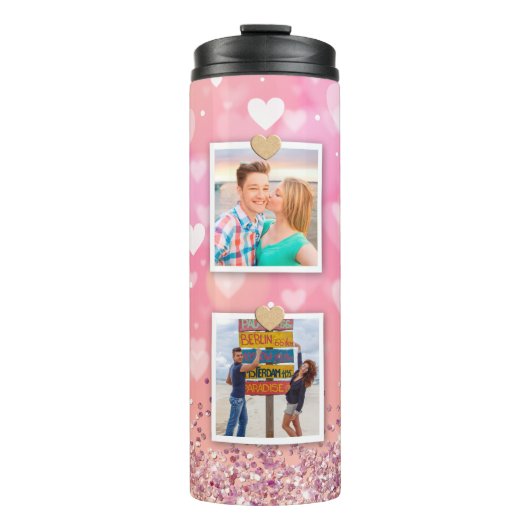 Roze Glitter Love Heart 6 Foto modern Thermosbeker (Voorkant)