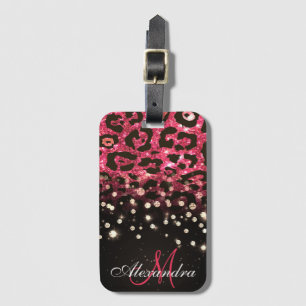 Roze Glitter Luipaard Print en Diamanten Bagagelabel