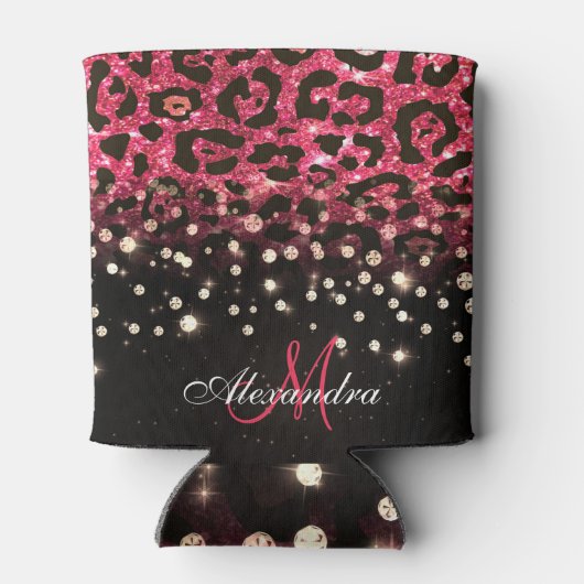 Roze Glitter Luipaard Print en Diamanten Blikjeskoeler (Achterkant)