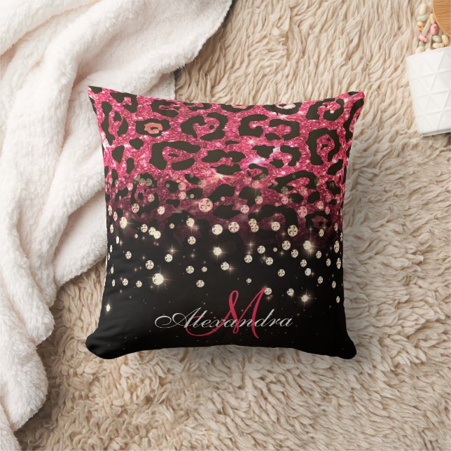 Roze Glitter Luipaard Print en Diamanten Kussen (Deken)