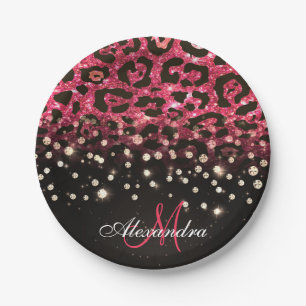 Roze Glitter Luipaard Print en Diamanten Papieren Bordje