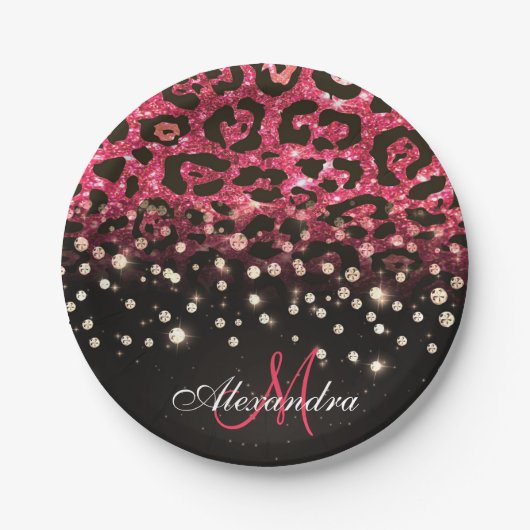 Roze Glitter Luipaard Print en Diamanten Papieren Bordje (Voorkant)