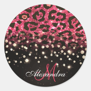 Roze Glitter Luipaard Print en Diamanten Ronde Sticker