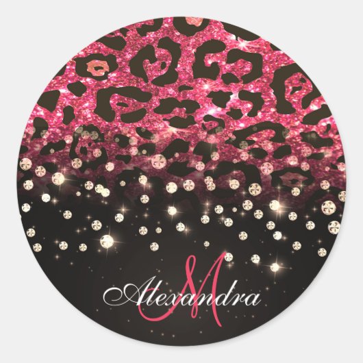 Roze Glitter Luipaard Print en Diamanten Ronde Sticker (Voorkant)