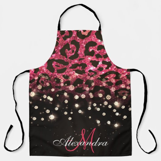 Roze Glitter Luipaard Print en Diamanten Schort (Voorkant)