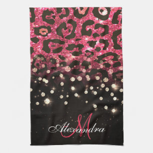 Roze Glitter Luipaard Print en Diamanten Theedoek