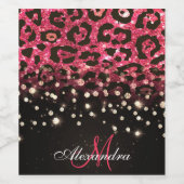 Roze Glitter Luipaard Print en Diamanten Wijn Etiket (Enkel label)
