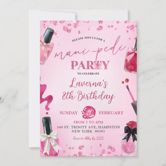 Roze Glitter Mani-Pedi Verjaardagsfeestje Kaart (Voorkant)