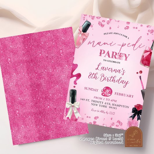 Roze Glitter Mani-Pedi Verjaardagsfeestje Kaart