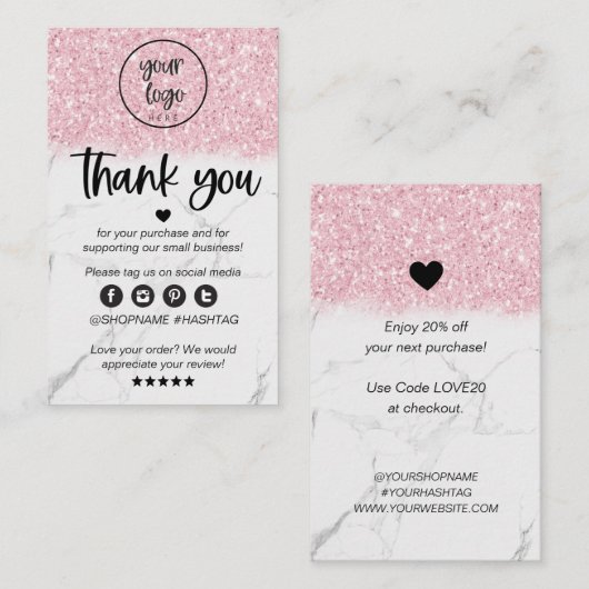 Roze Glitter Marble Business Hartelijk dank voor u Visitekaartje (Voorkant / Achterkant)