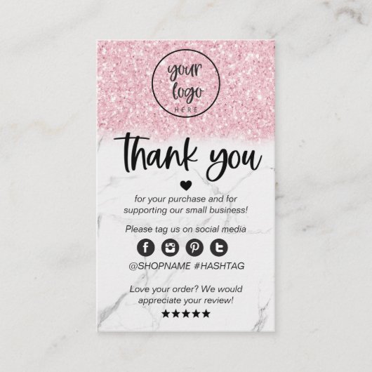 Roze Glitter Marble Business Hartelijk dank voor u Visitekaartje (Voorkant)
