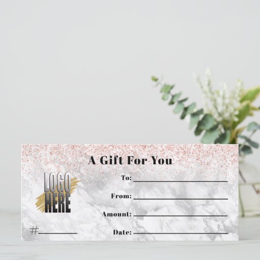 Roze Glitter Marble Logo Business Cadeaubon (Staand voorkant)