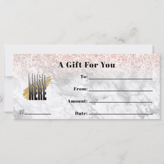 Roze Glitter Marble Logo Business Cadeaubon (Voorkant)