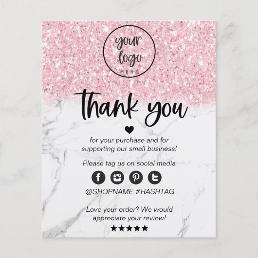 Roze Glitter Marmer Bedankt Voor Uw Bestelling (Voorkant)