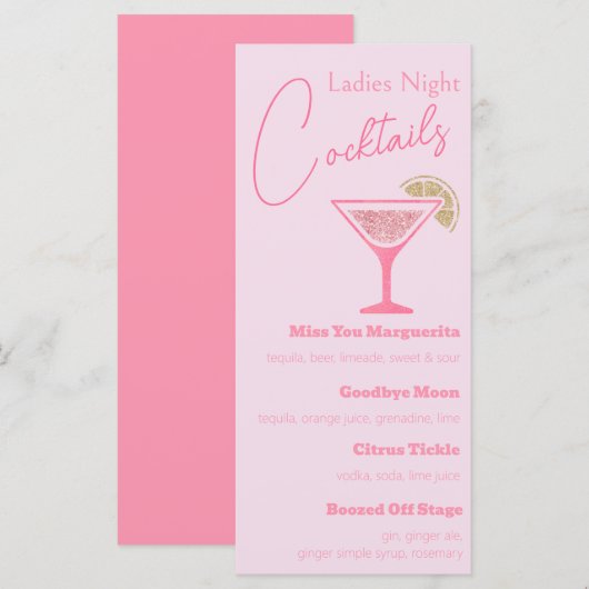 Roze Glitter Martini Dames Nacht Cocktail Party Menu (Voorkant / Achterkant)