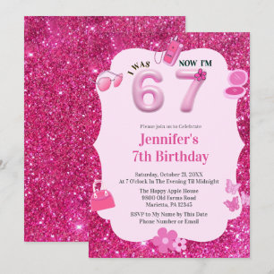 Roze Glitter Meisje 7e Verjaardag Was 6 Nu 7 Kaart