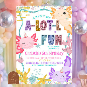 Roze Glitter meisje Axolotl verjaardagsuitnodiging Kaart