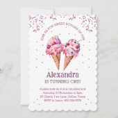 Roze Glitter Meisje Ice Cream 1e Verjaardag Kaart (Voorkant)