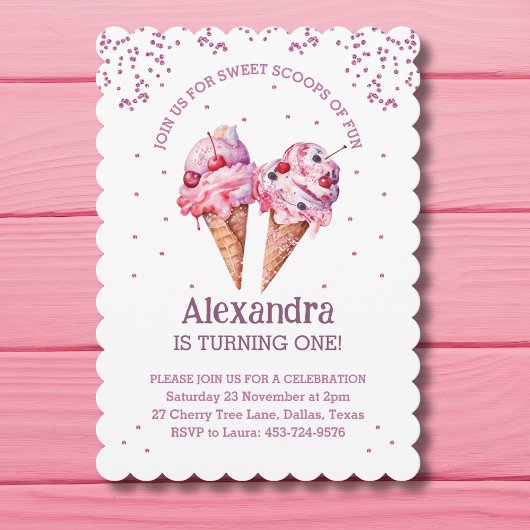 Roze Glitter Meisje Ice Cream 1e Verjaardag Kaart