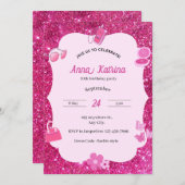 Roze glitter meisje verjaardag kaart (Voorkant / Achterkant)